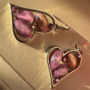 Love Heart Earrings Silver Toned With Purple Gems